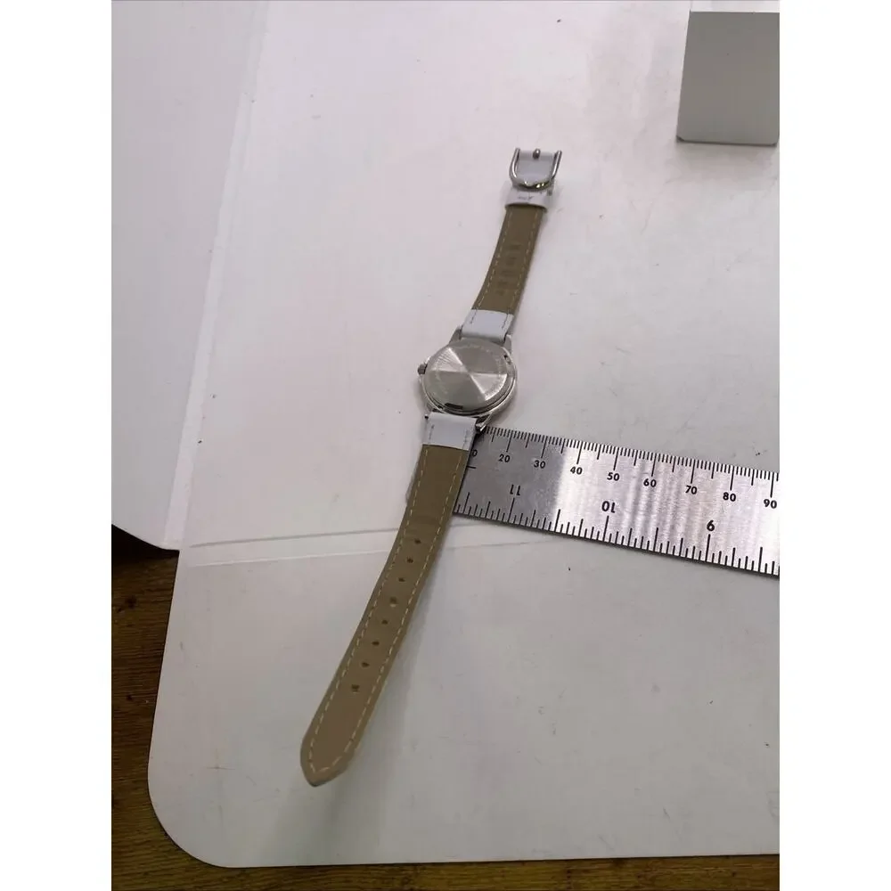 Accutime Womens White Leather Watch Works New Battery